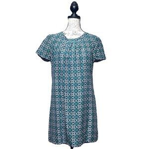 J. Crew Dress Sz 4 Navy Green Medallion Short Sleeve Shift Swoop Neck Lined